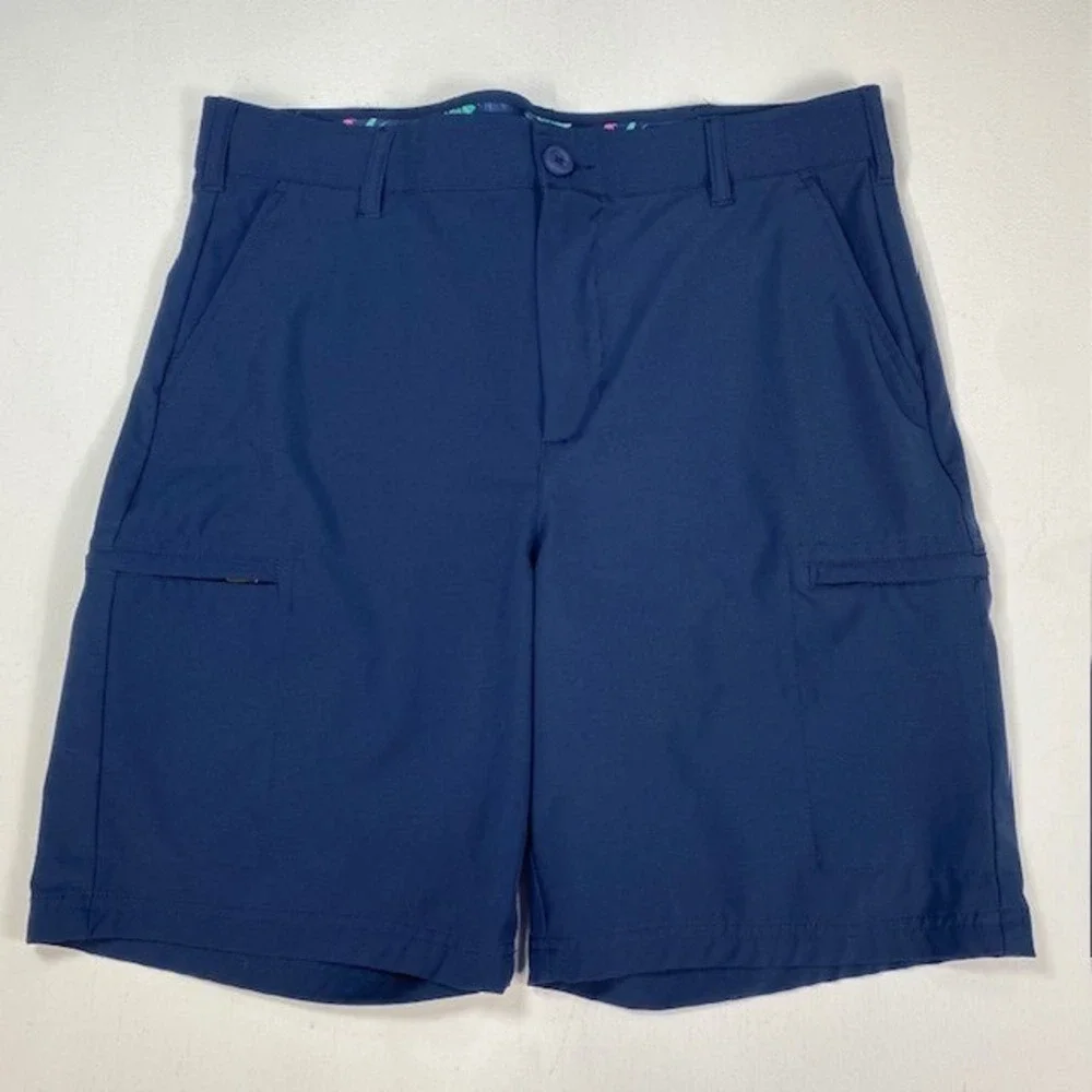 Birdie Bound‎ Mens Navy Blue Performance Golf Cargo Shorts Size 34 Tropical Trim